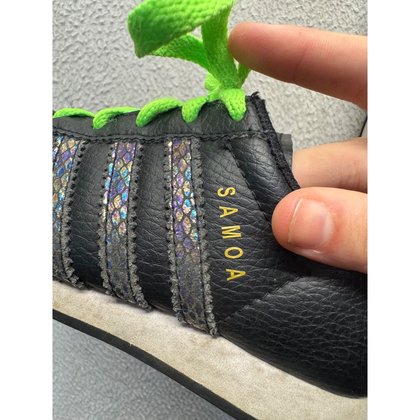 Adidas Samoa Black Leather Kids Shoes With Neon Yellow & Green Laces #382B