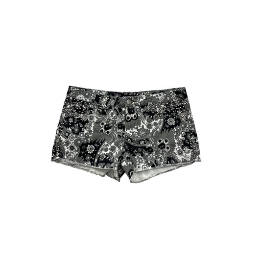 Womens Large Black & White Floral Print Studded Denim Shorts #8040