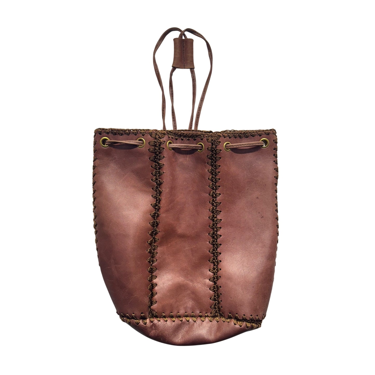 Handcrafted Brown Leather Drawstring Tote Bag With Decorative Stitching #9907