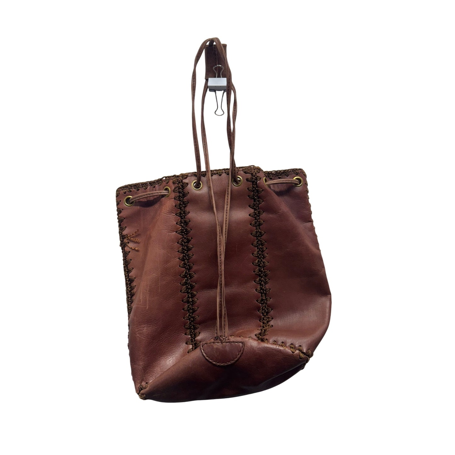 Handcrafted Brown Leather Drawstring Tote Bag With Decorative Stitching #9907