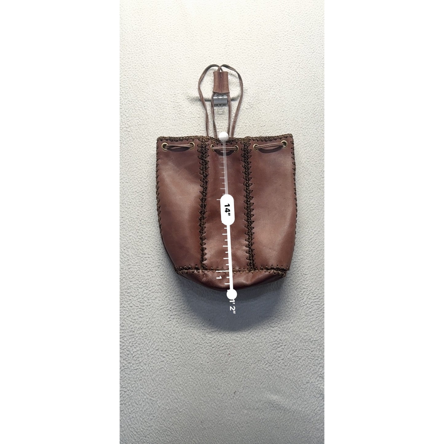 Handcrafted Brown Leather Drawstring Tote Bag With Decorative Stitching #9907