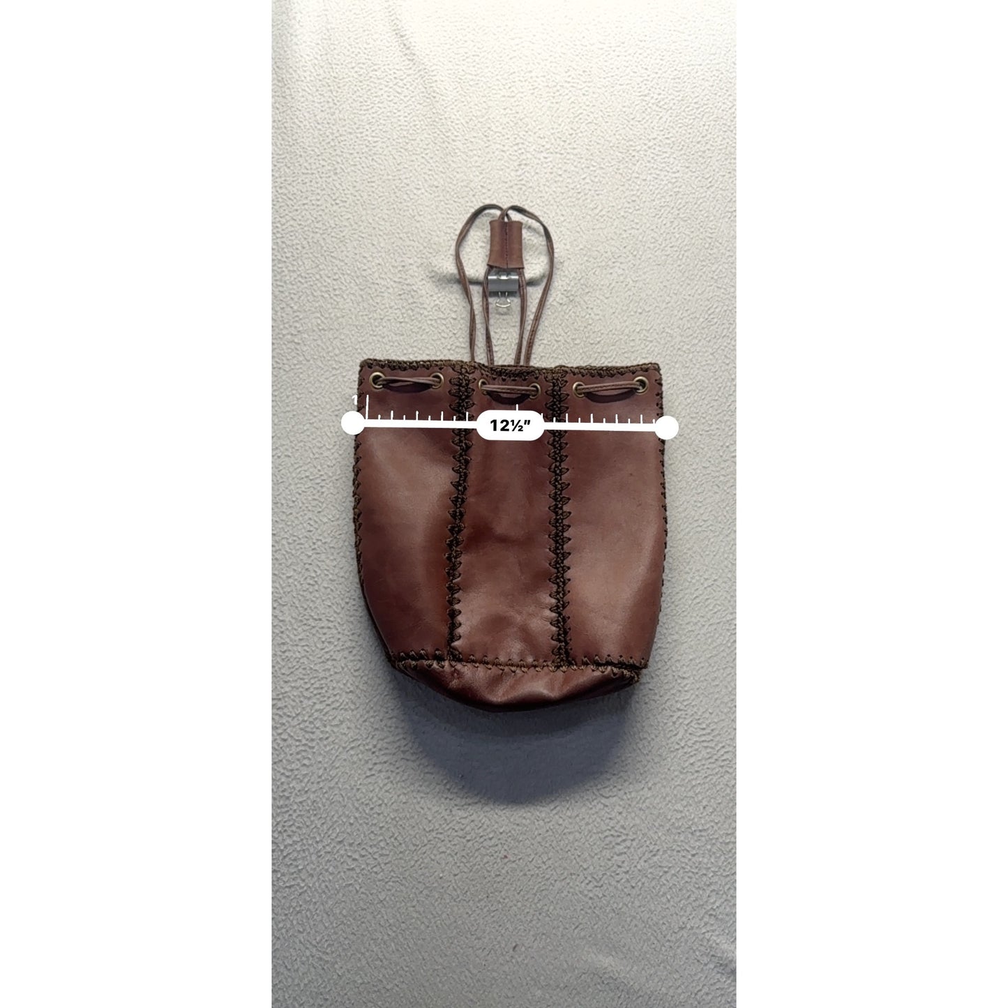 Handcrafted Brown Leather Drawstring Tote Bag With Decorative Stitching #9907
