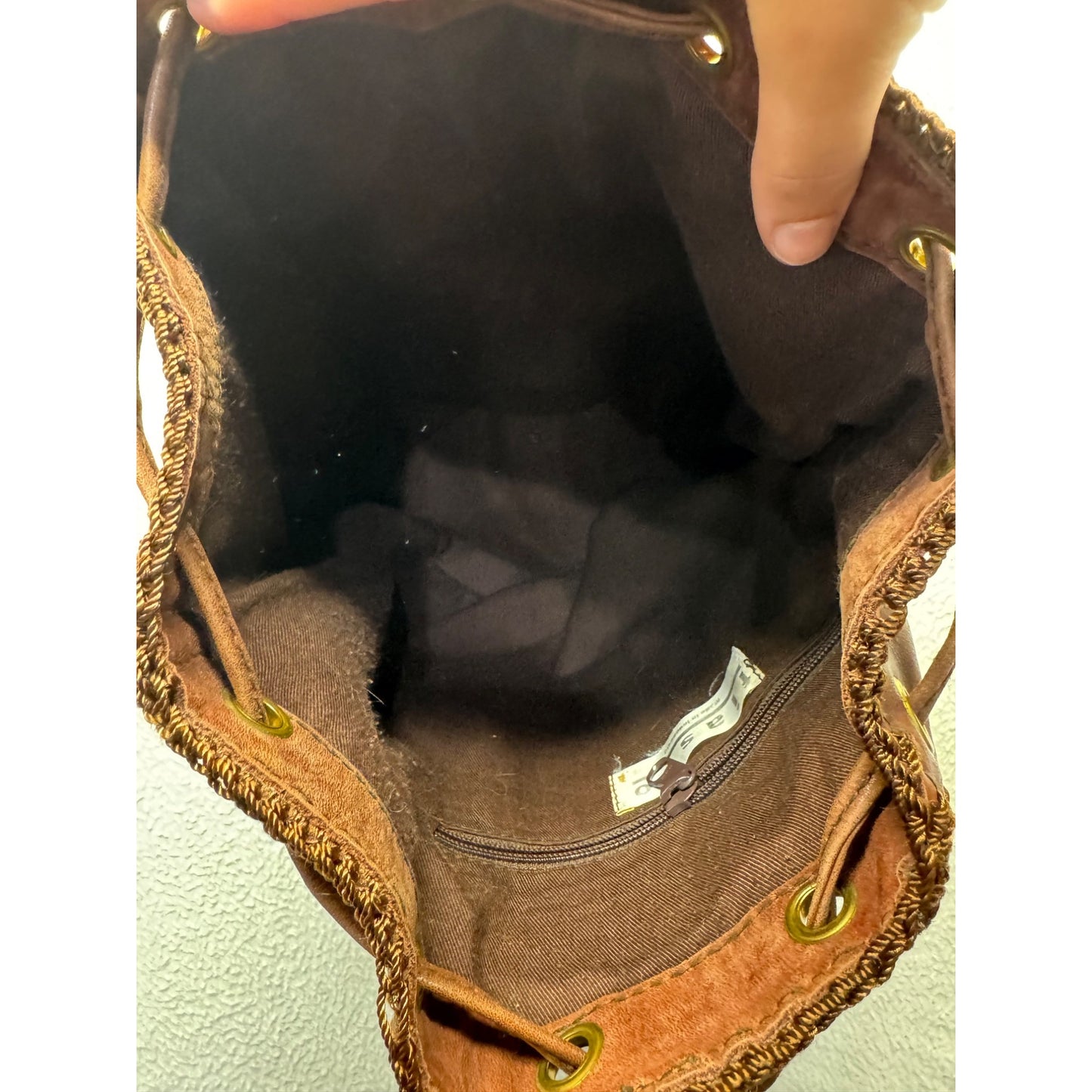 Handcrafted Brown Leather Drawstring Tote Bag With Decorative Stitching #9907