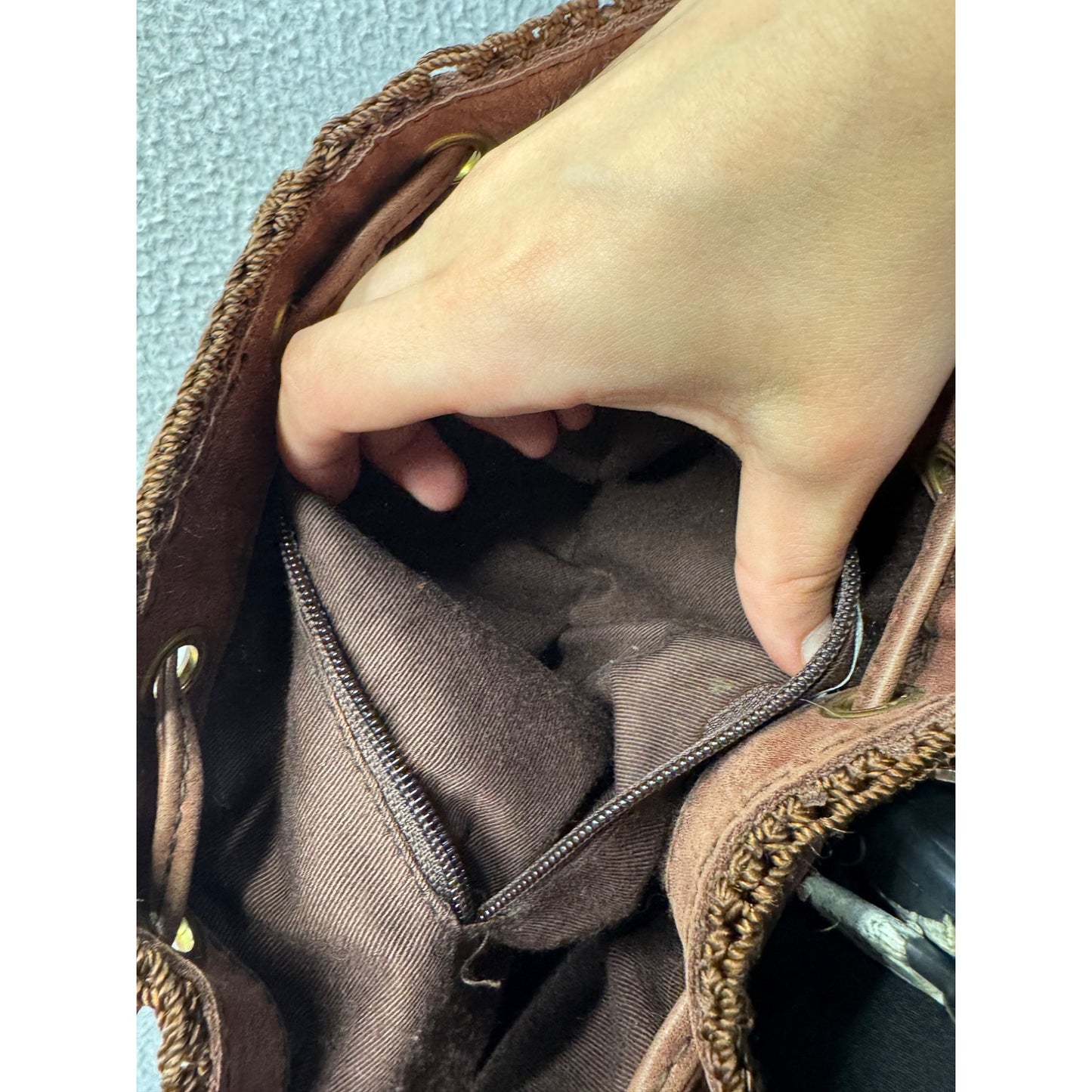 Handcrafted Brown Leather Drawstring Tote Bag With Decorative Stitching #9907