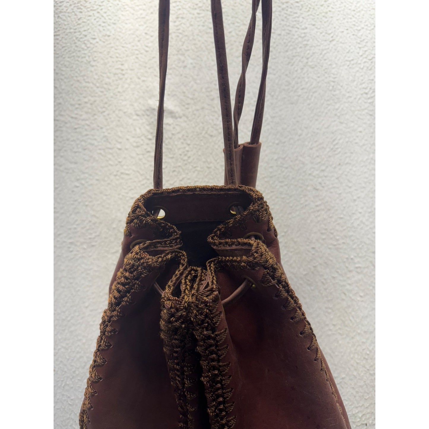 Handcrafted Brown Leather Drawstring Tote Bag With Decorative Stitching #9907