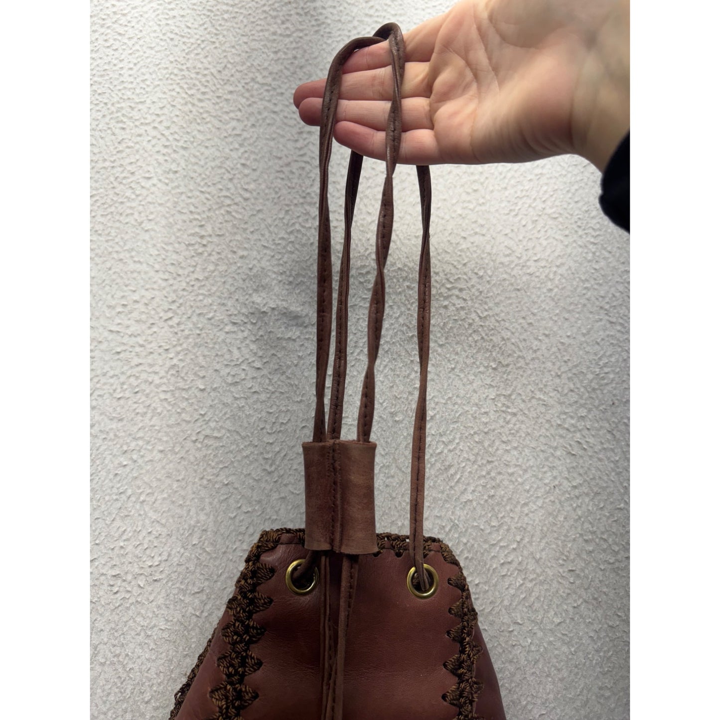 Handcrafted Brown Leather Drawstring Tote Bag With Decorative Stitching #9907