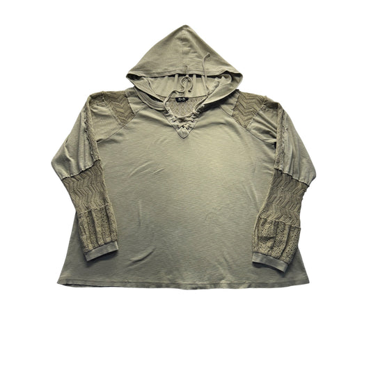 Miss Me Sage Green Hooded Top With Lace Mesh Detailed Sleeves & Back #9594