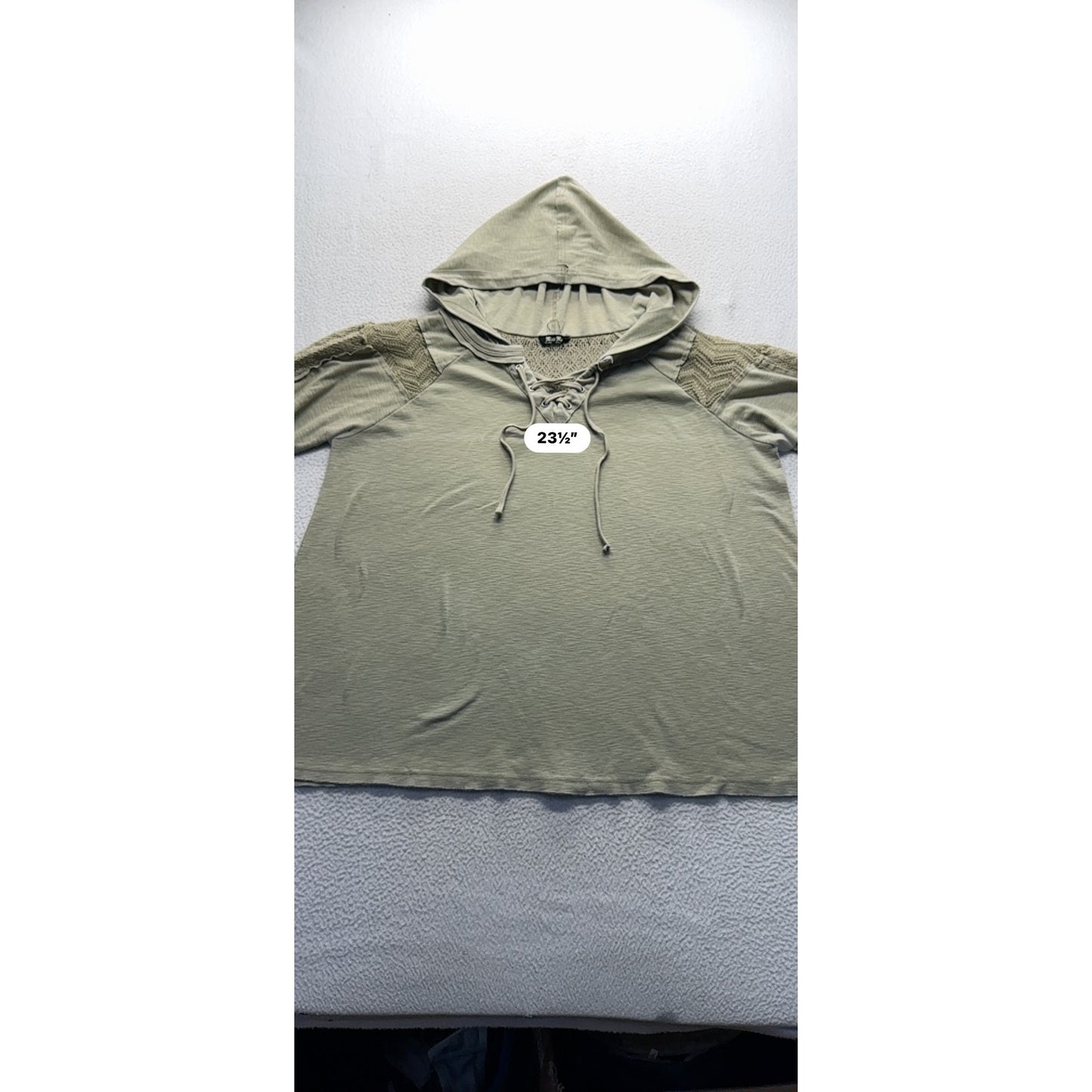 Miss Me Sage Green Hooded Top With Lace Mesh Detailed Sleeves & Back #9594