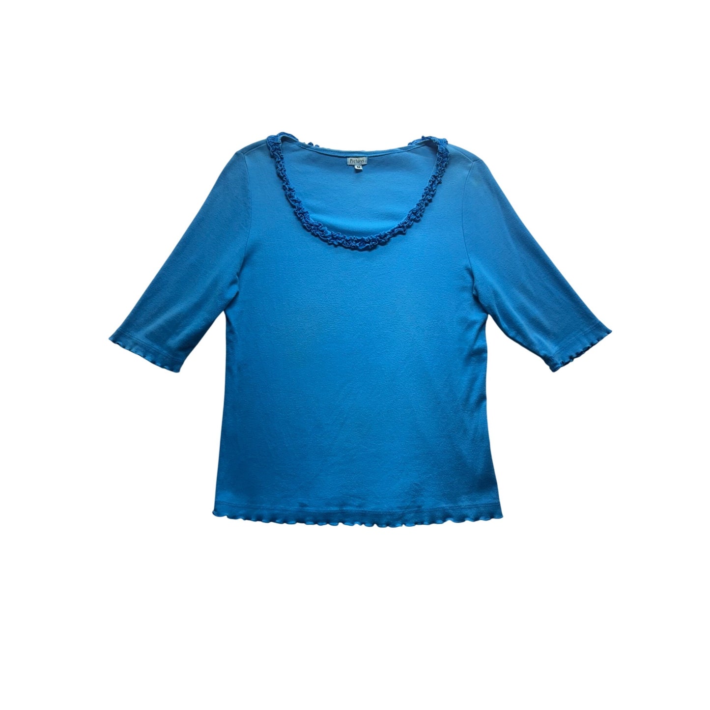 Pictures Blue Ruffle Trim Neckline 3/4 Sleeve Top Shirt M 82B