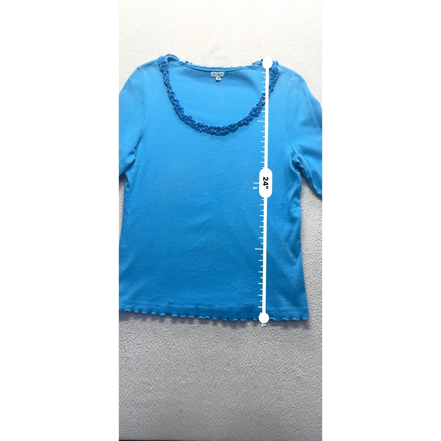 Pictures Blue Ruffle Trim Neckline 3/4 Sleeve Top Shirt M 82B