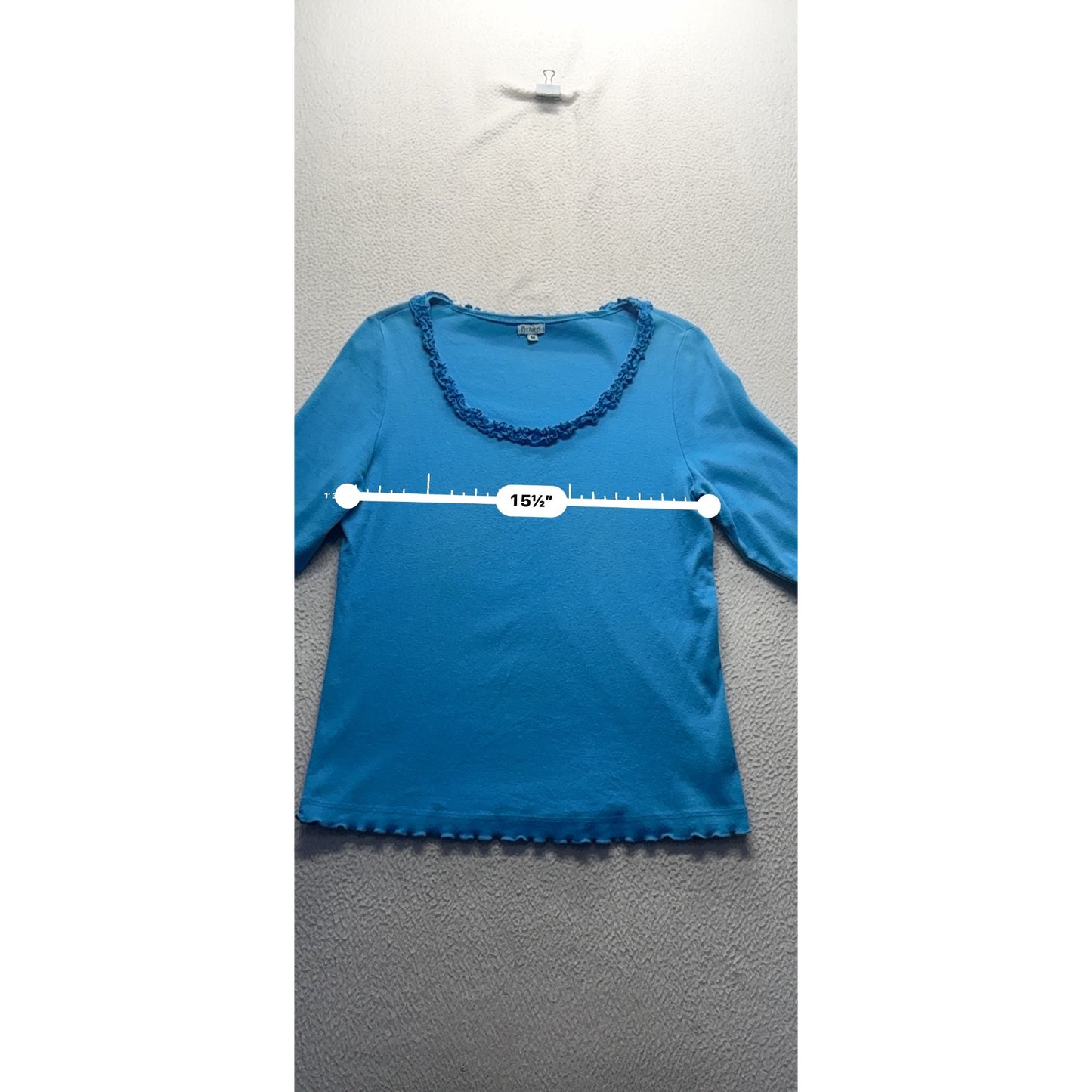 Pictures Blue Ruffle Trim Neckline 3/4 Sleeve Top Shirt M 82B