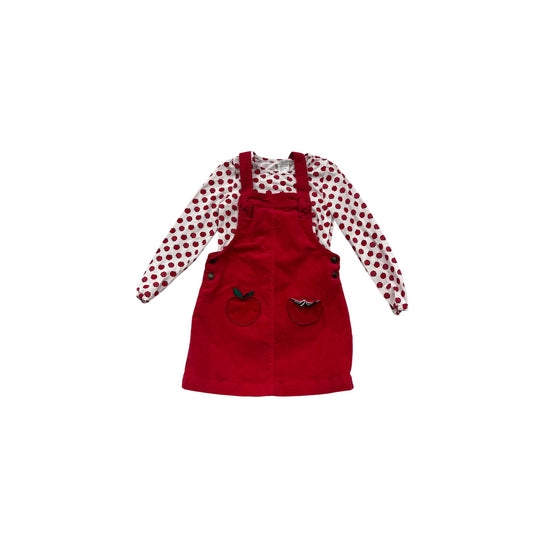 Max Studio Red Corduroy Pinafore Dress Set W/ Long-Sleeve Apple Print Top #8292