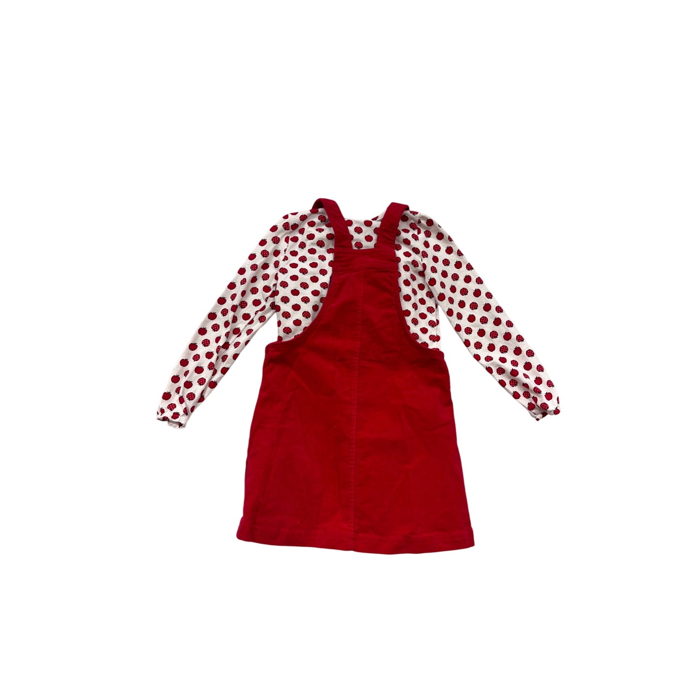 Max Studio Red Corduroy Pinafore Dress Set W/ Long-Sleeve Apple Print Top #8292