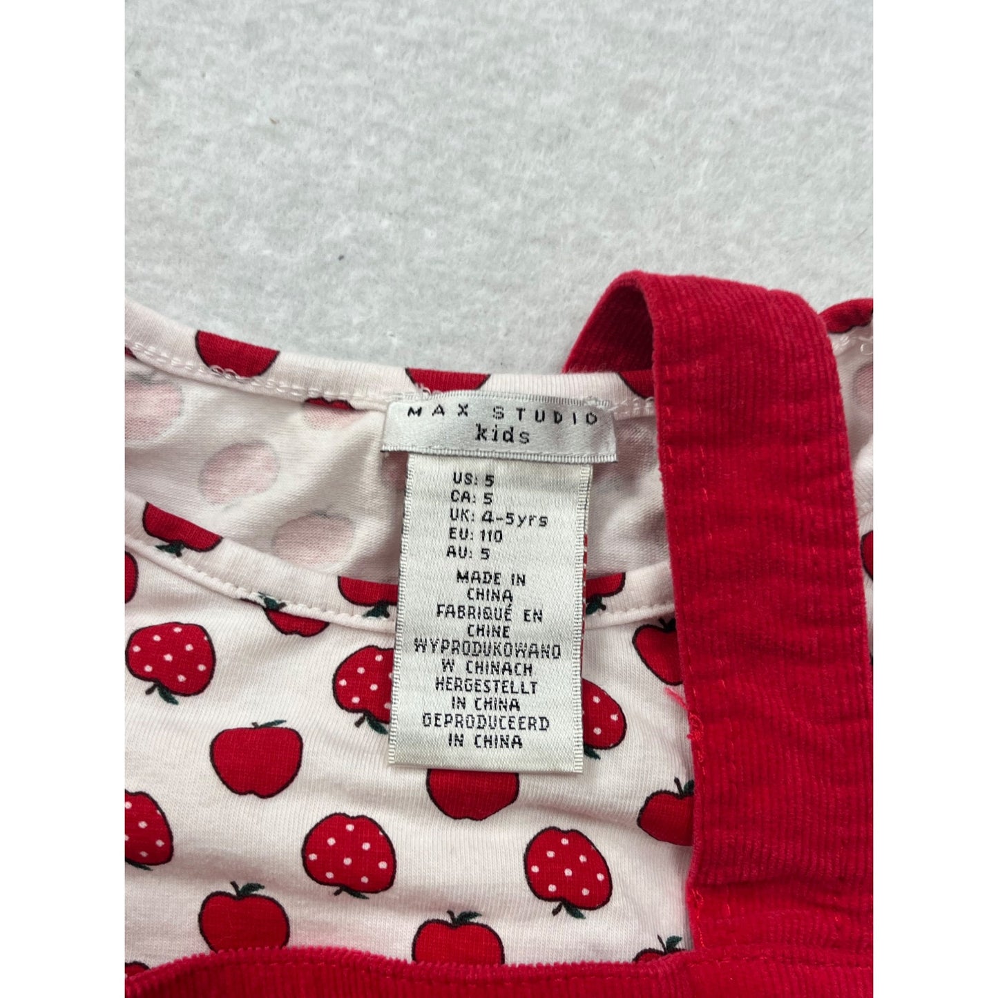 Max Studio Red Corduroy Pinafore Dress Set W/ Long-Sleeve Apple Print Top #8292