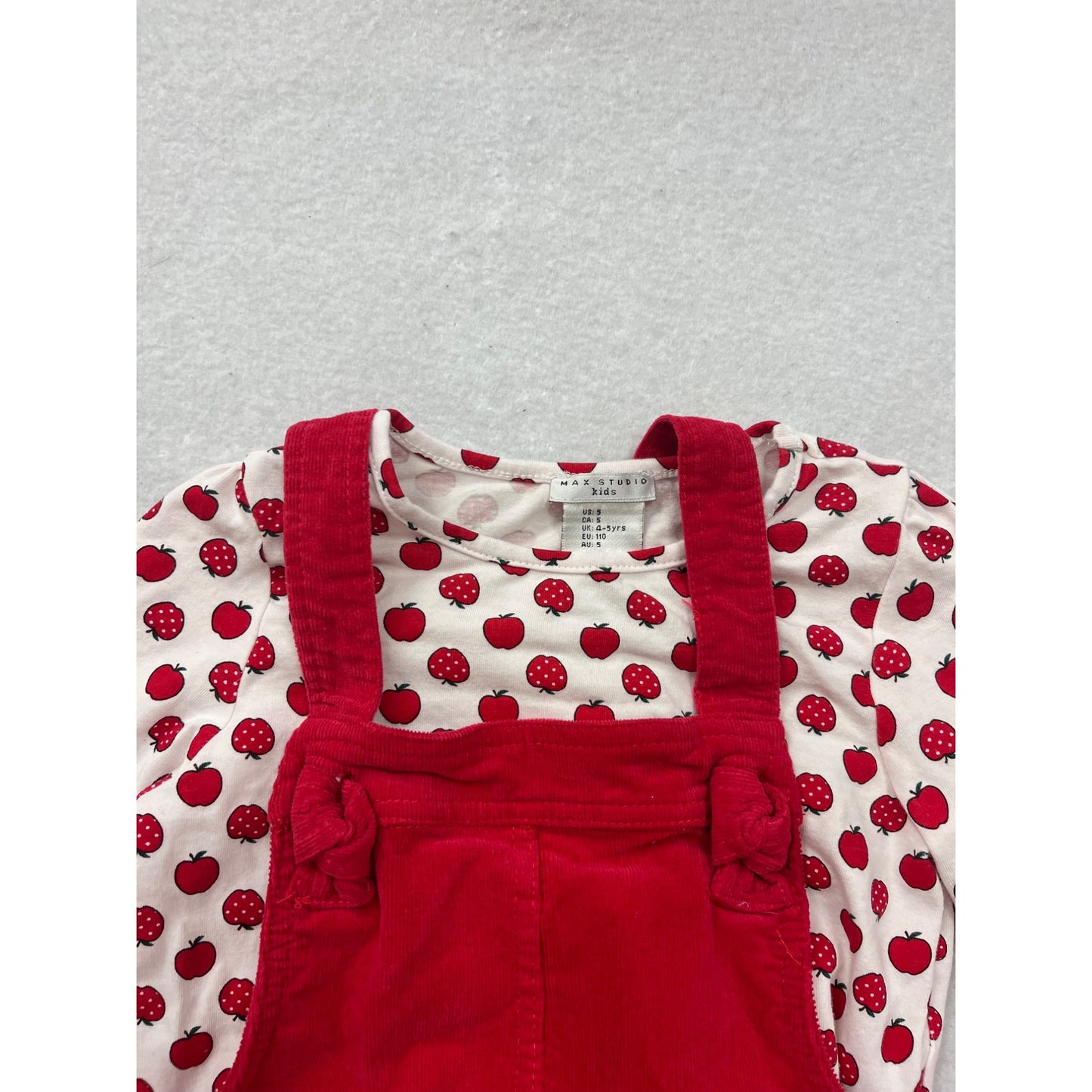 Max Studio Red Corduroy Pinafore Dress Set W/ Long-Sleeve Apple Print Top #8292