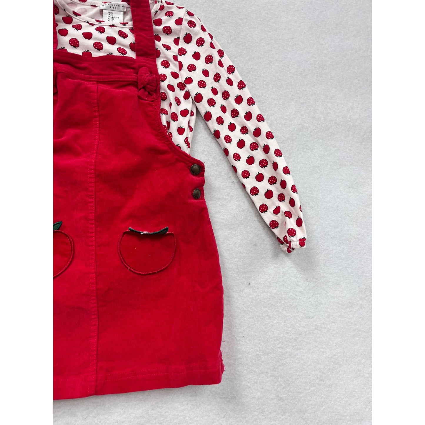 Max Studio Red Corduroy Pinafore Dress Set W/ Long-Sleeve Apple Print Top #8292