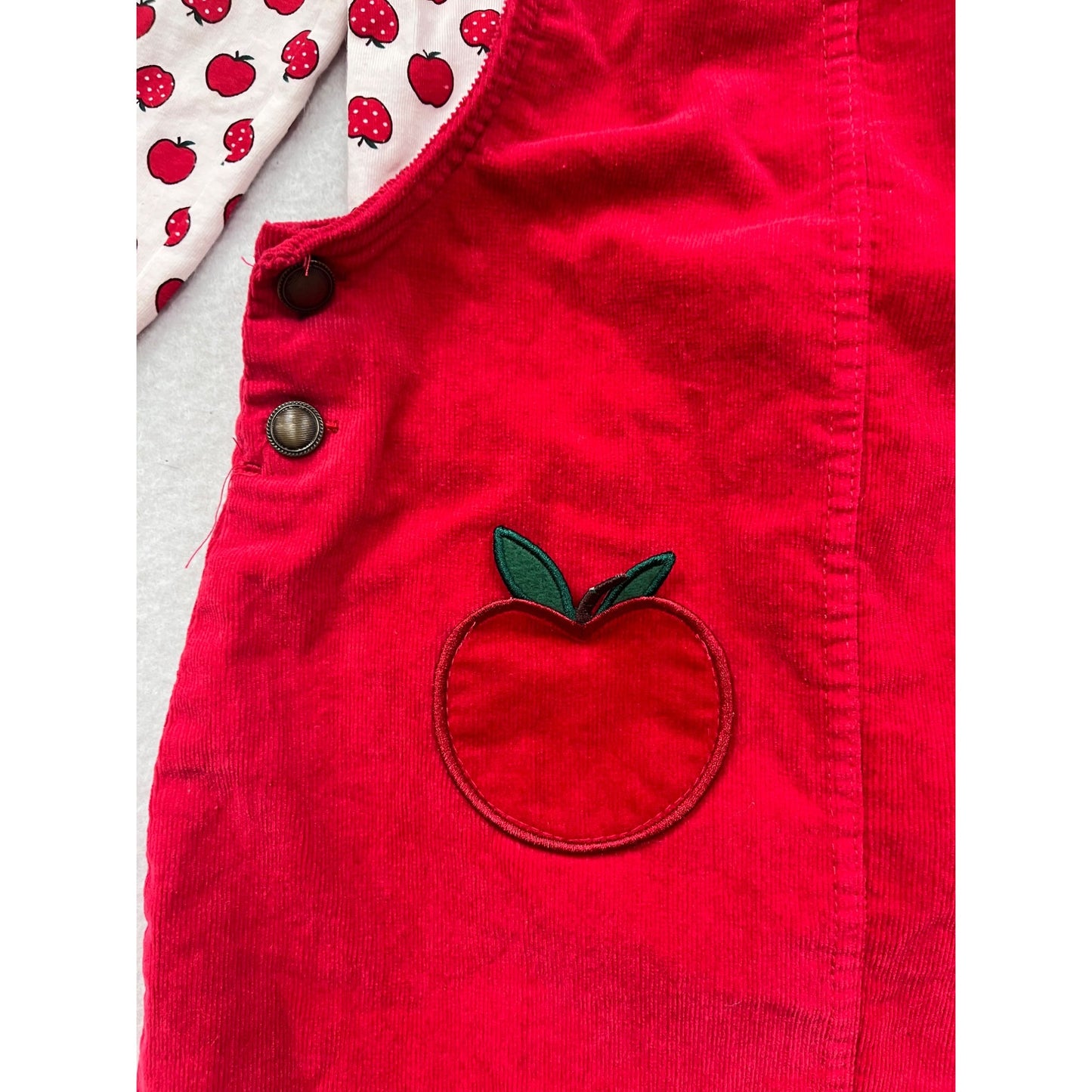 Max Studio Red Corduroy Pinafore Dress Set W/ Long-Sleeve Apple Print Top #8292