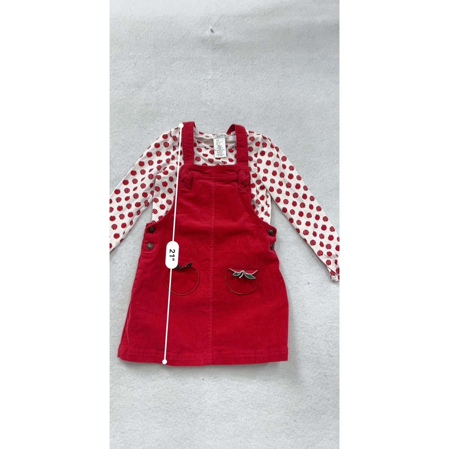 Max Studio Red Corduroy Pinafore Dress Set W/ Long-Sleeve Apple Print Top #8292