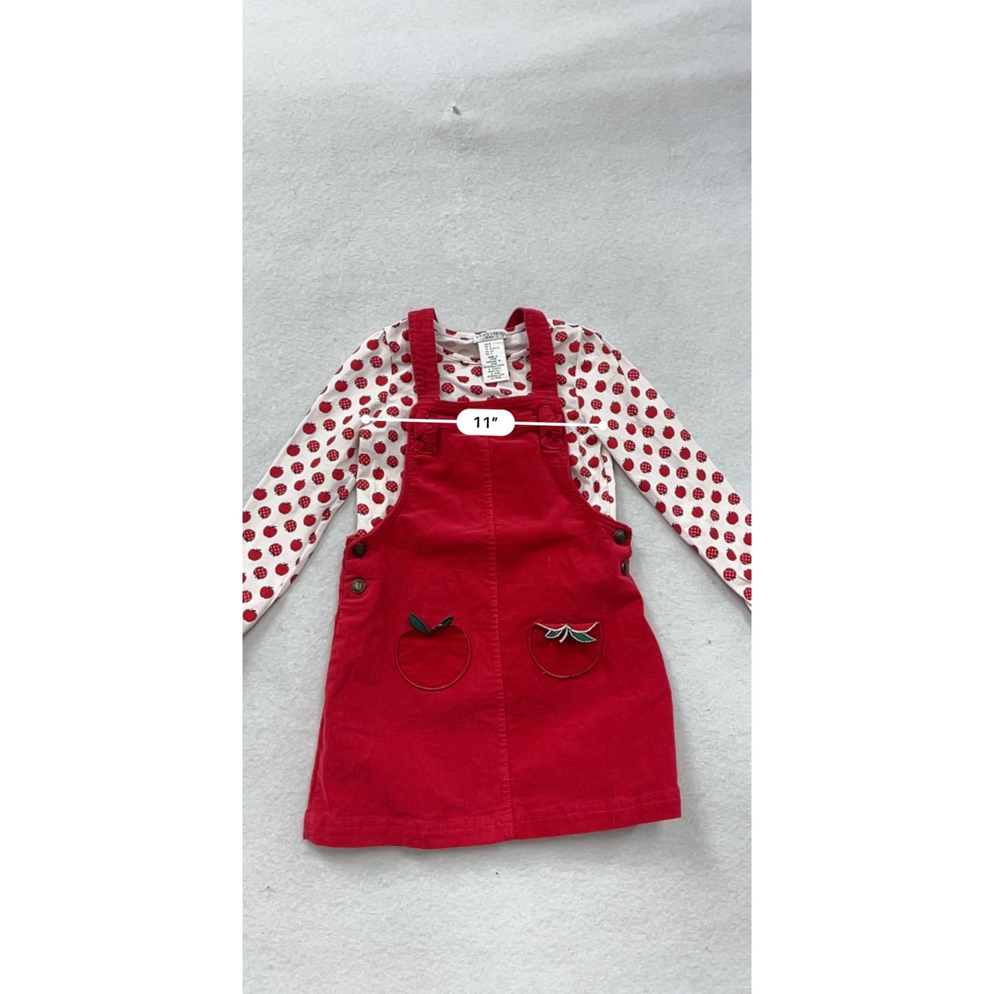 Max Studio Red Corduroy Pinafore Dress Set W/ Long-Sleeve Apple Print Top #8292