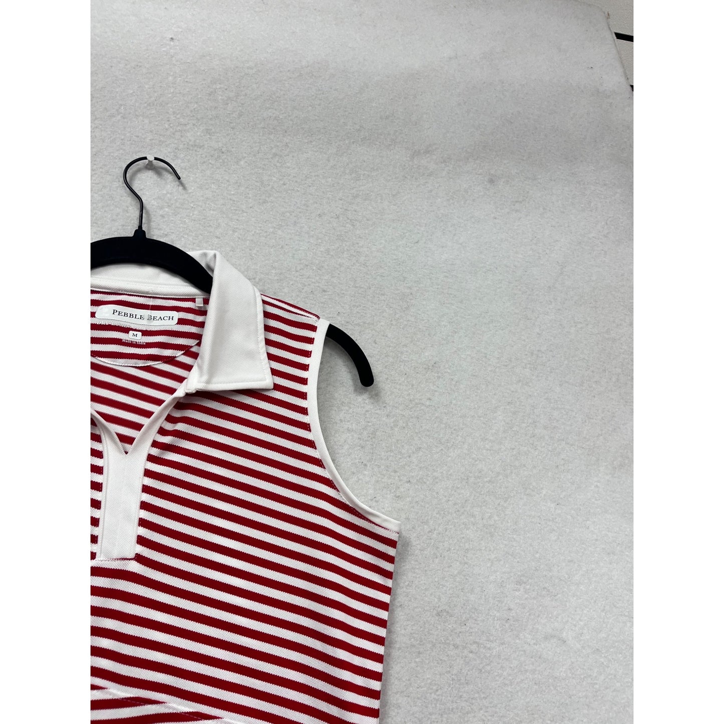 Pebble Beach Red & White Striped Sleeveless Polo Shirt M #337A