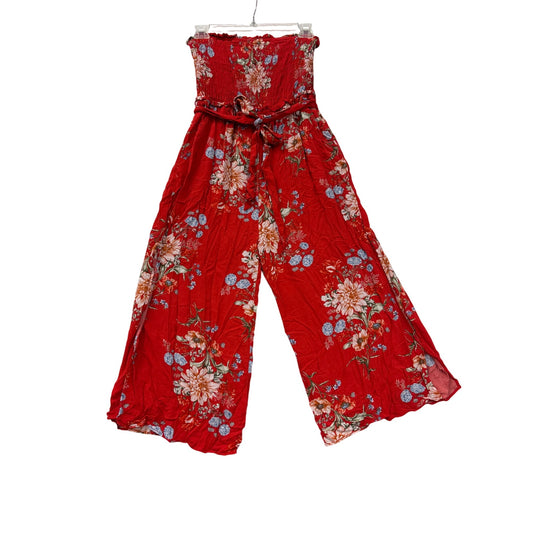 American Eagle Red Floral Strapless Smocked Jumpsuit With Belt & Wide-Leg Design #6979