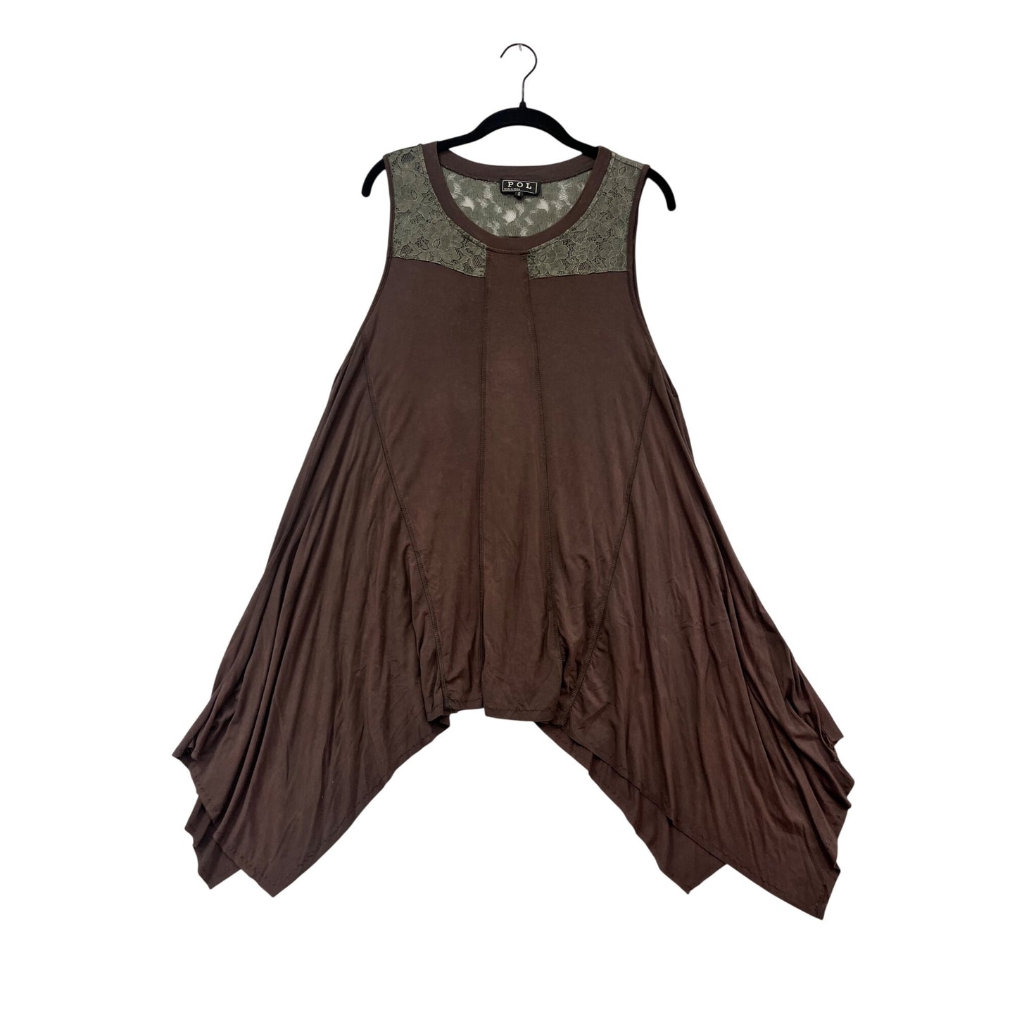 Pol Asymmetrical Sleeveless Tunic Top With Lace Detail S Brown #402A