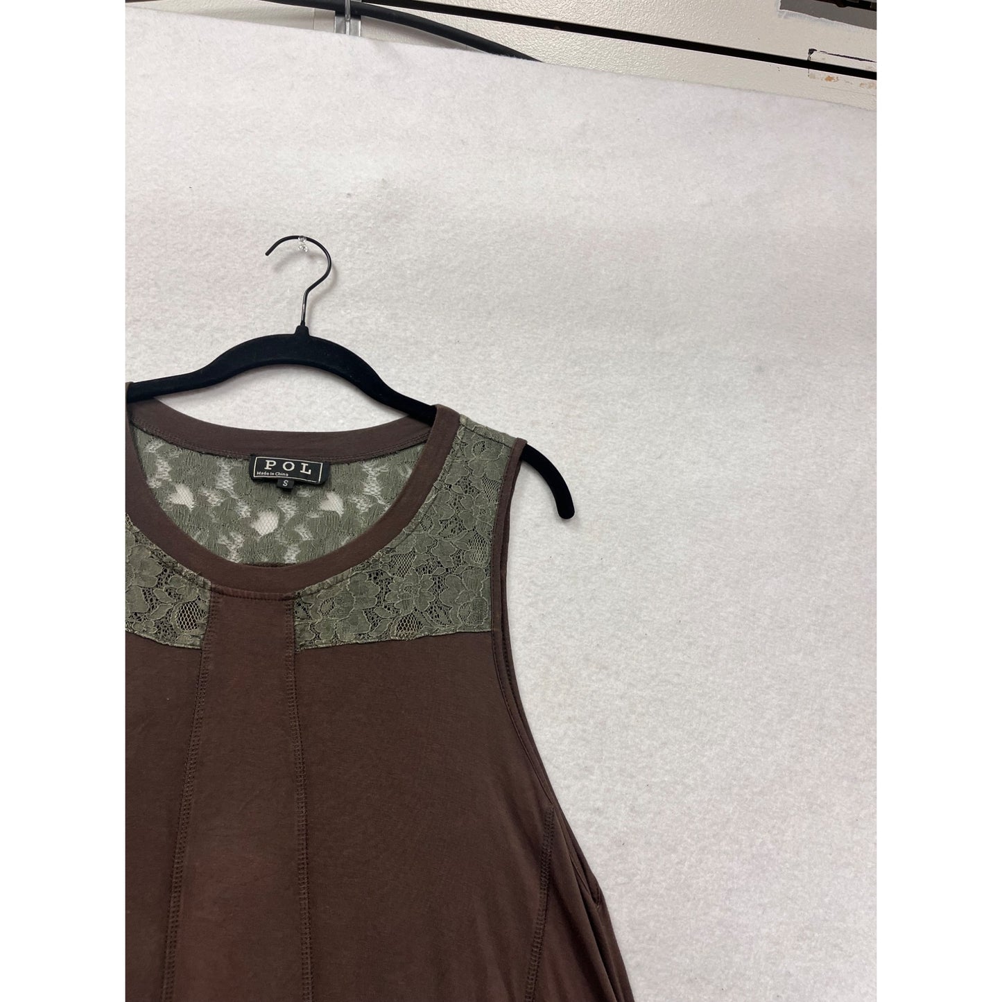 Pol Asymmetrical Sleeveless Tunic Top With Lace Detail S Brown #402A
