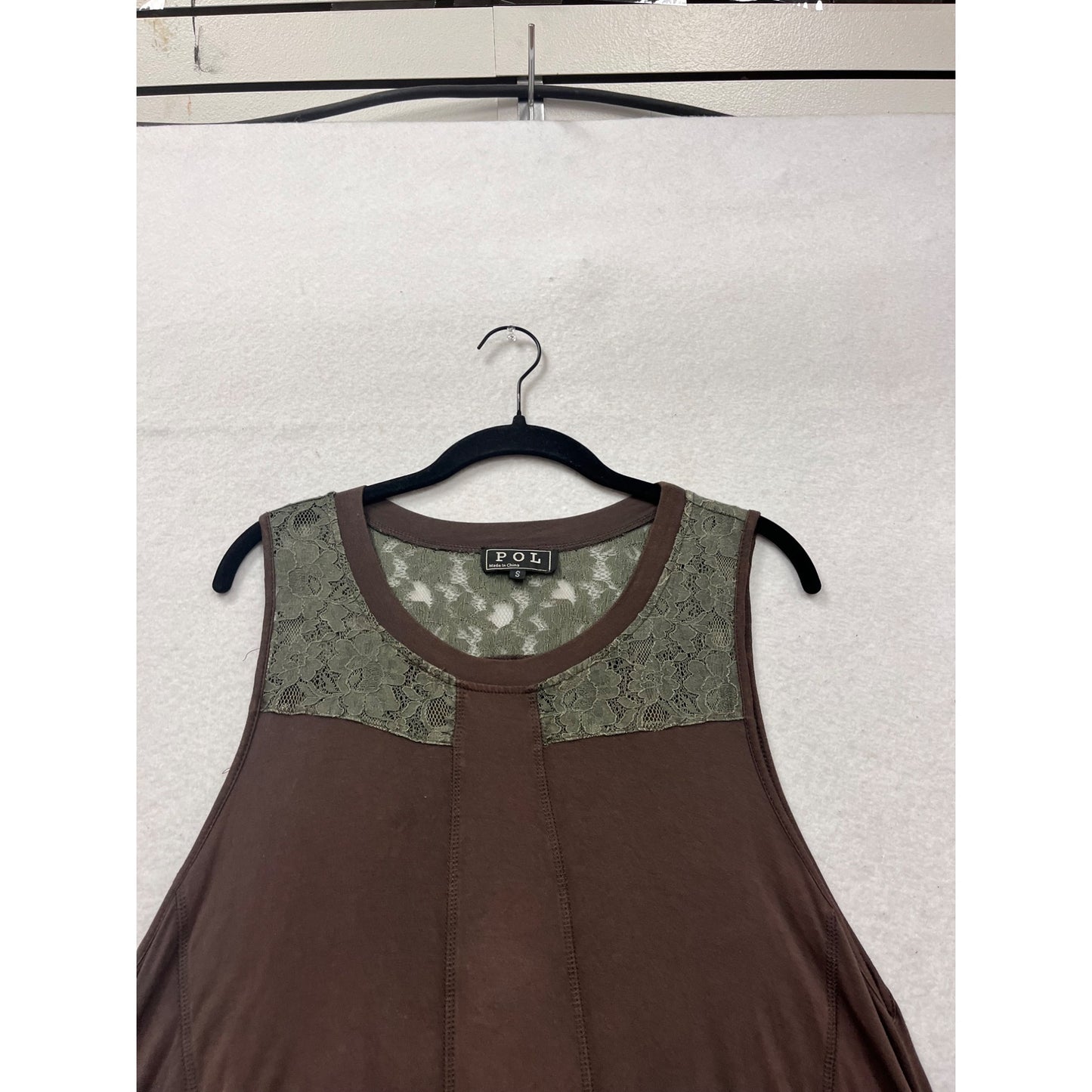 Pol Asymmetrical Sleeveless Tunic Top With Lace Detail S Brown #402A
