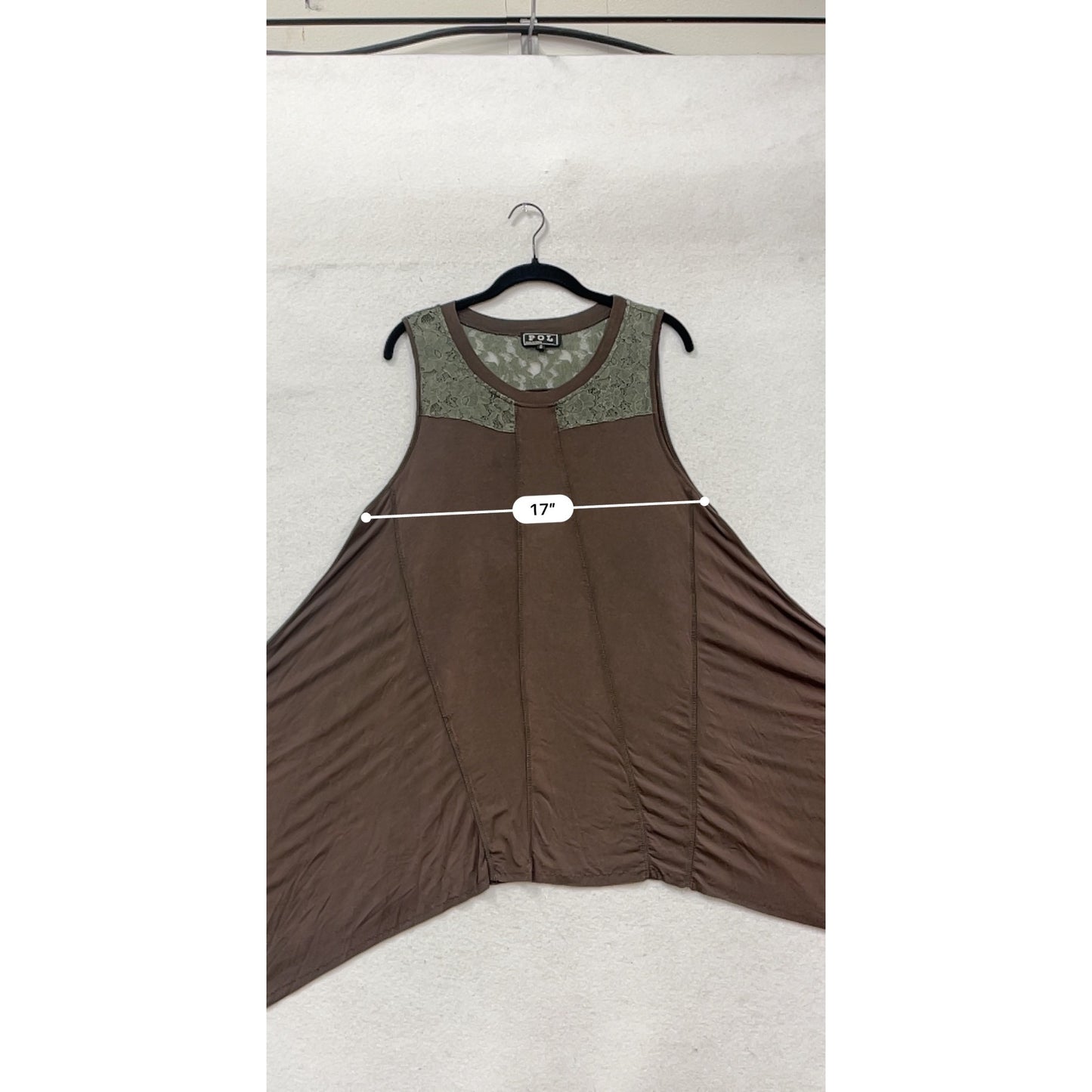 Pol Asymmetrical Sleeveless Tunic Top With Lace Detail S Brown #402A
