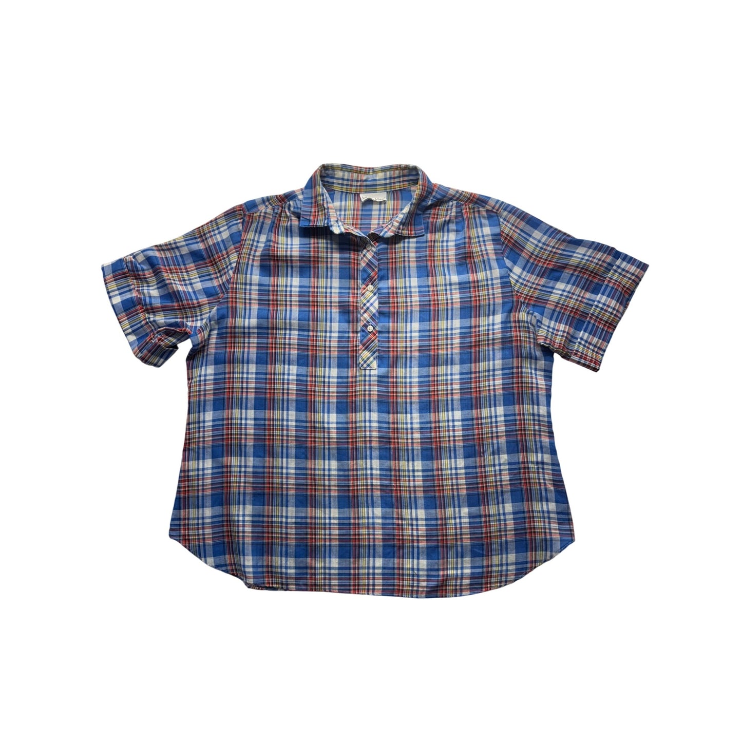Laura Mae Blue Plaid Short Sleeve Button-Up Shirt Size M #216B
