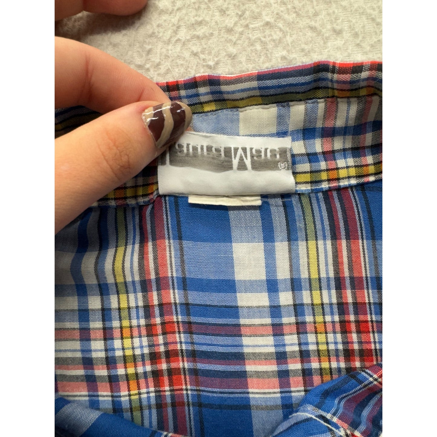 Laura Mae Blue Plaid Short Sleeve Button-Up Shirt Size M #216B