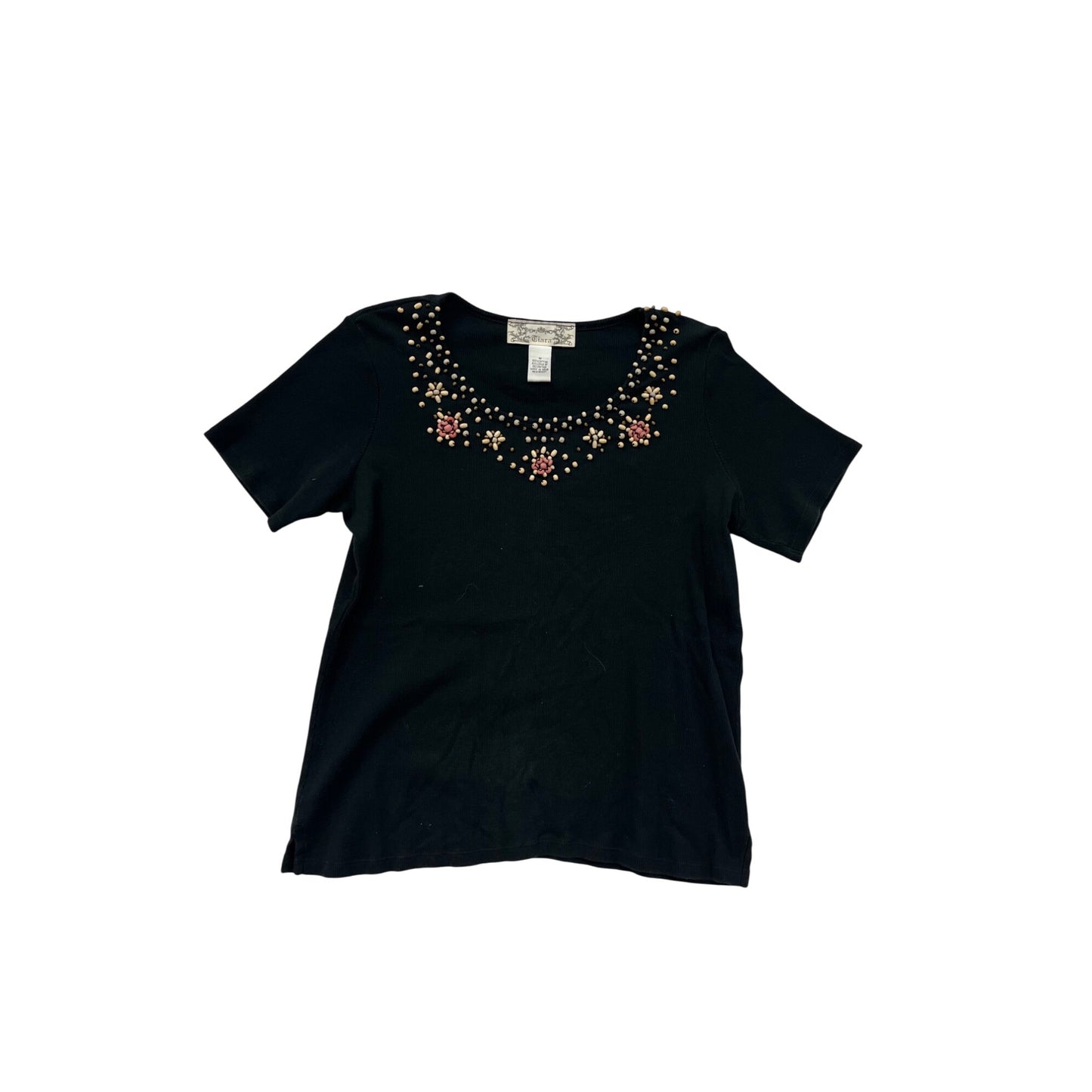 Vintage Tiara Black Embroidered Womens Top M Short Sleeve #8803
