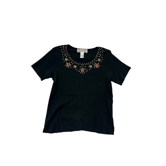 Vintage Tiara Black Embroidered Womens Top M Short Sleeve #8803