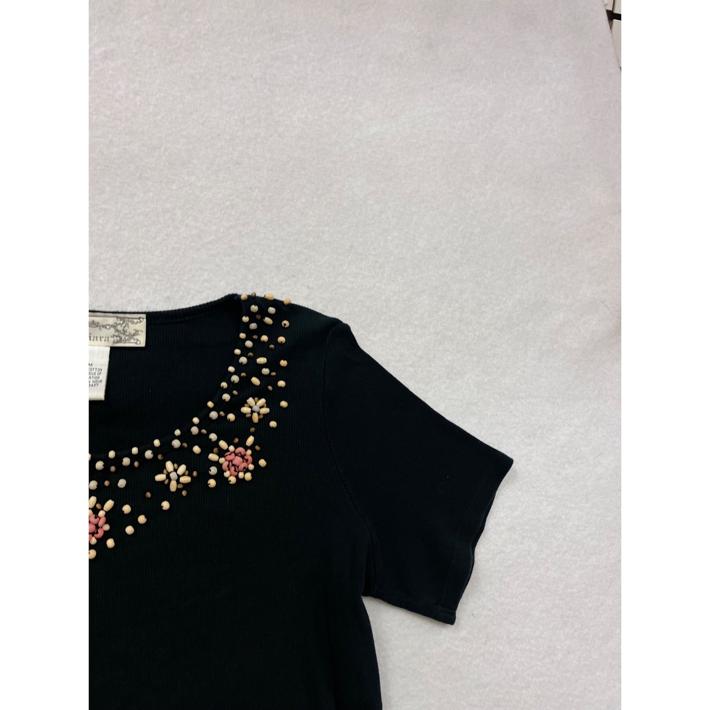 Vintage Tiara Black Embroidered Womens Top M Short Sleeve #8803