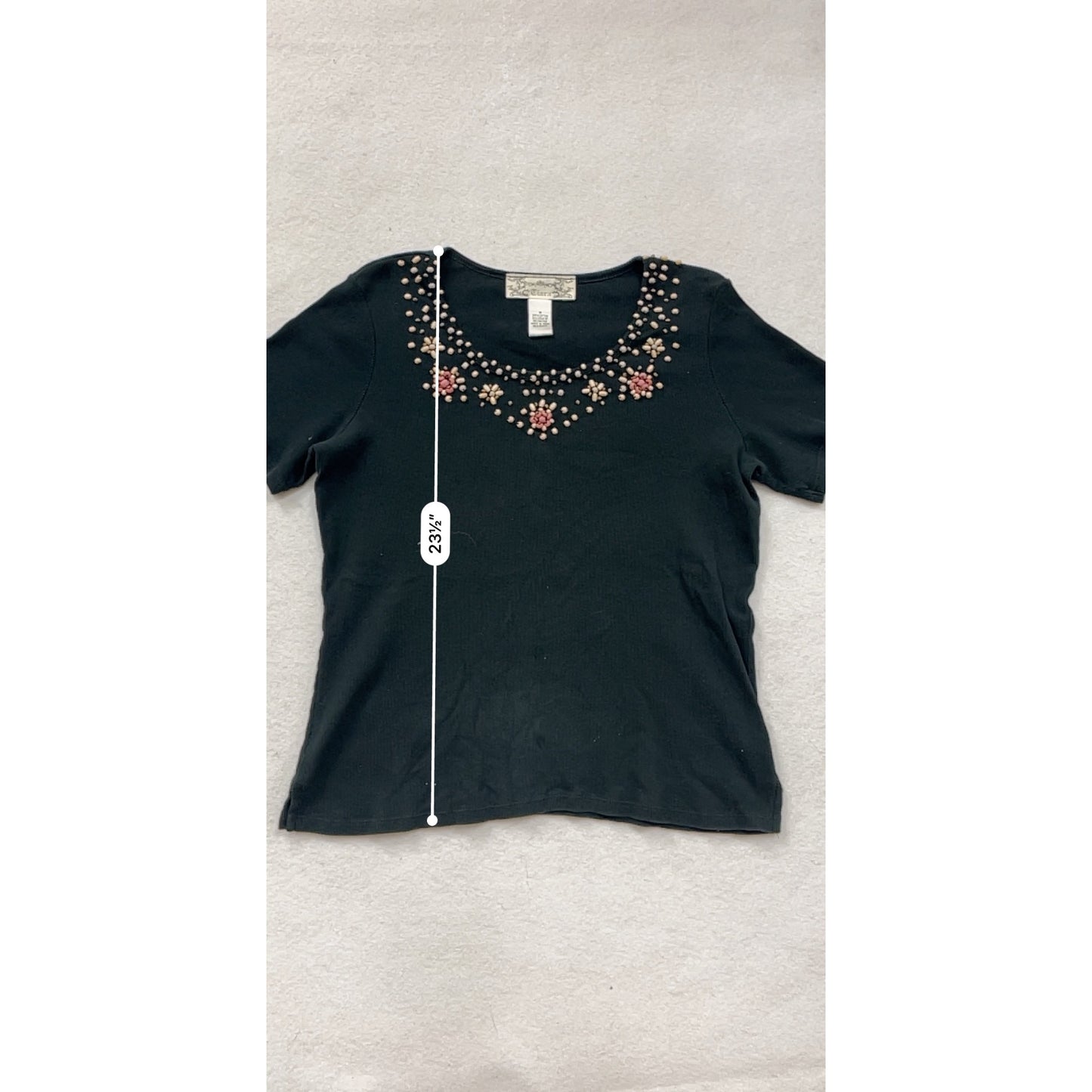 Vintage Tiara Black Embroidered Womens Top M Short Sleeve #8803