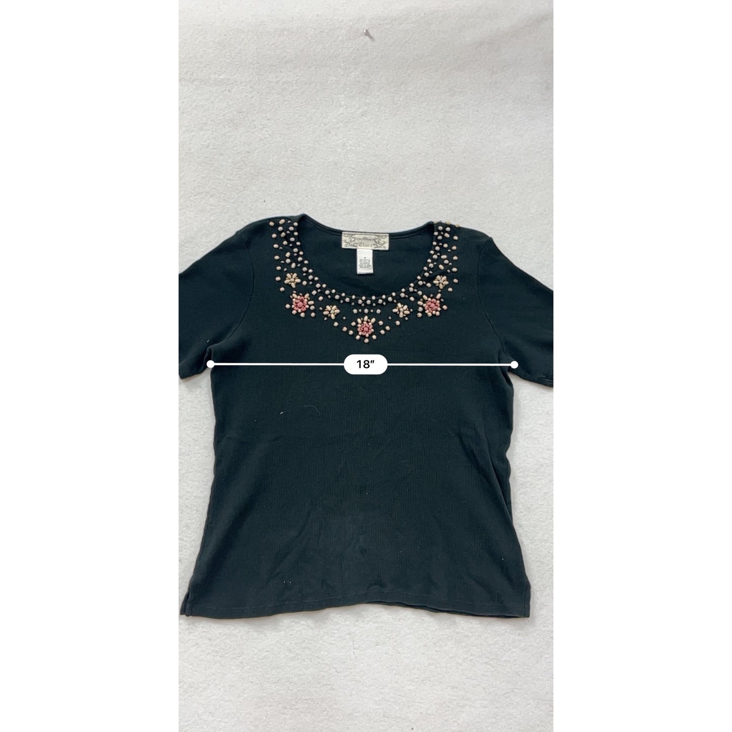 Vintage Tiara Black Embroidered Womens Top M Short Sleeve #8803