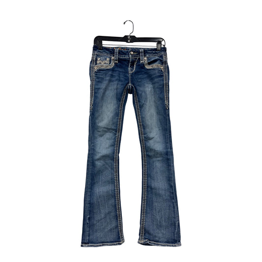 Rock Revival Womens Blue Bootcut Jeans Size 2 With Embellished Pockets & Contrast Stitching #6608