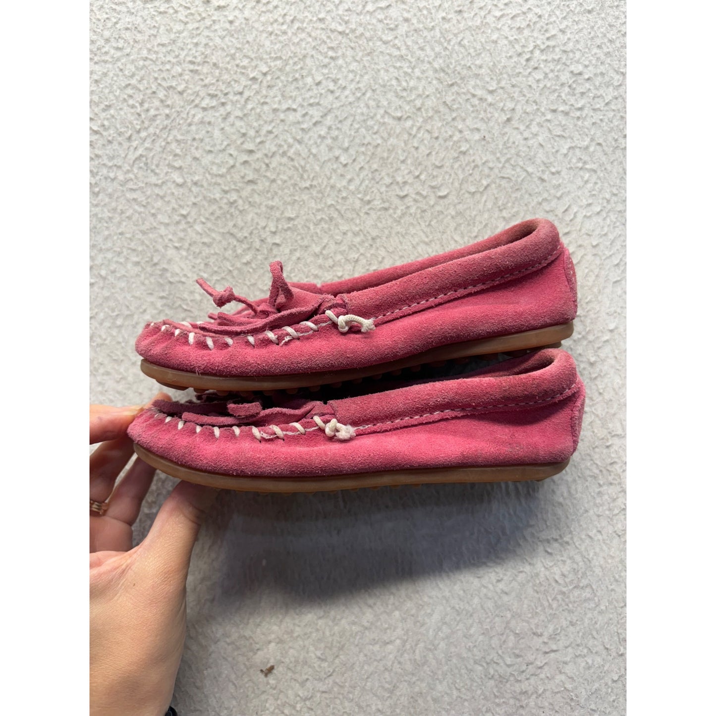 Minnetonka Womens Pink Suede Moccasins With Rubber Sole #359B