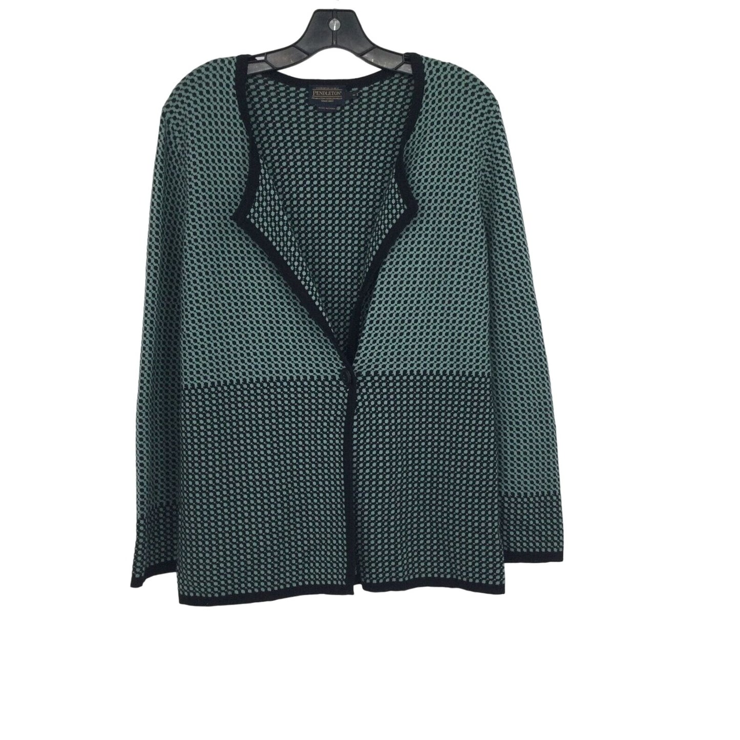 Pendelton Black & Aqua Green 100% Cotton Jacquard Knit One Button Cardigan #1015