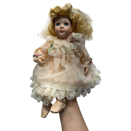 Vintage Porcelain Blonde Curly Hair Doll Lace Dress & Rose Accents 10" 418B
