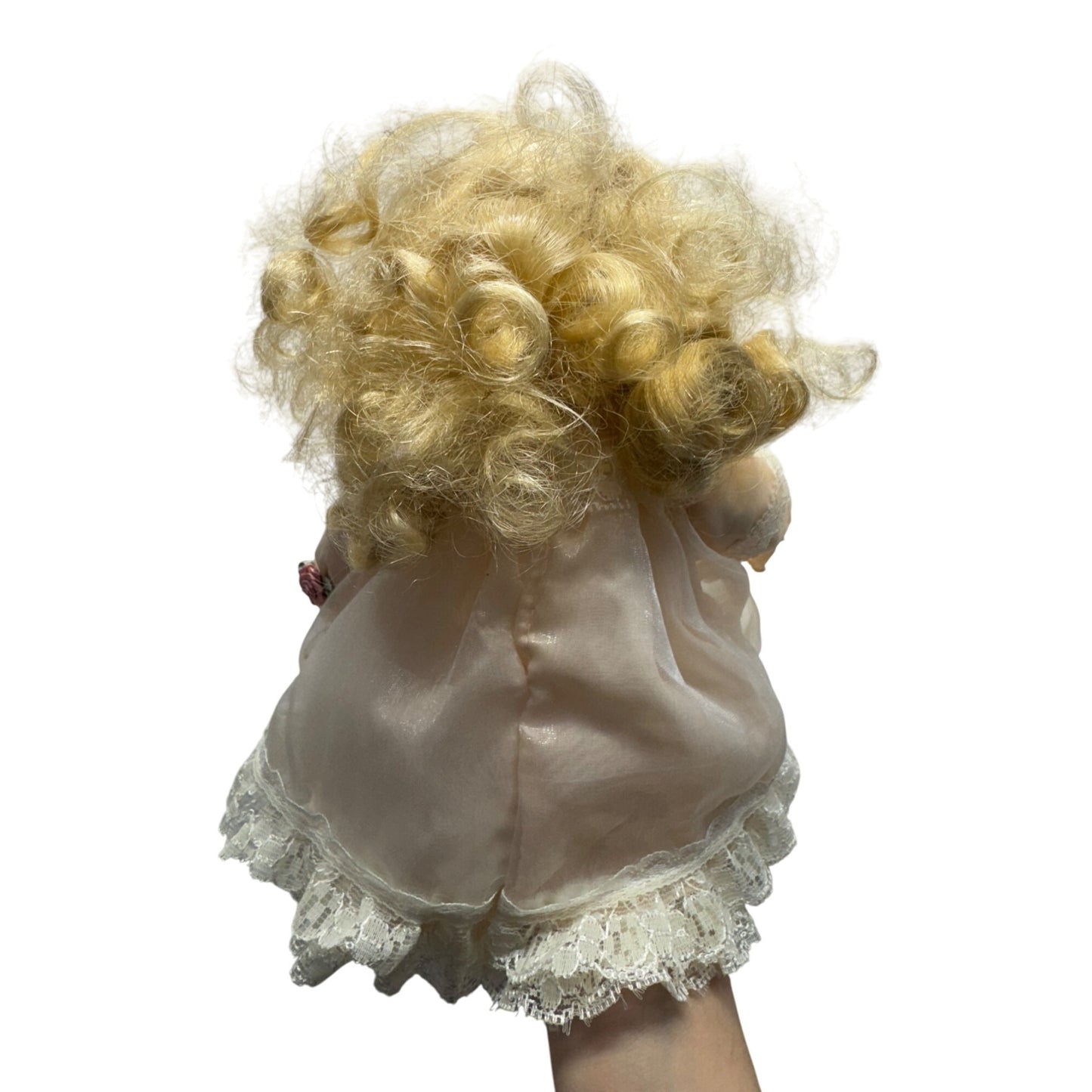 Vintage Porcelain Blonde Curly Hair Doll Lace Dress & Rose Accents 10" 418B