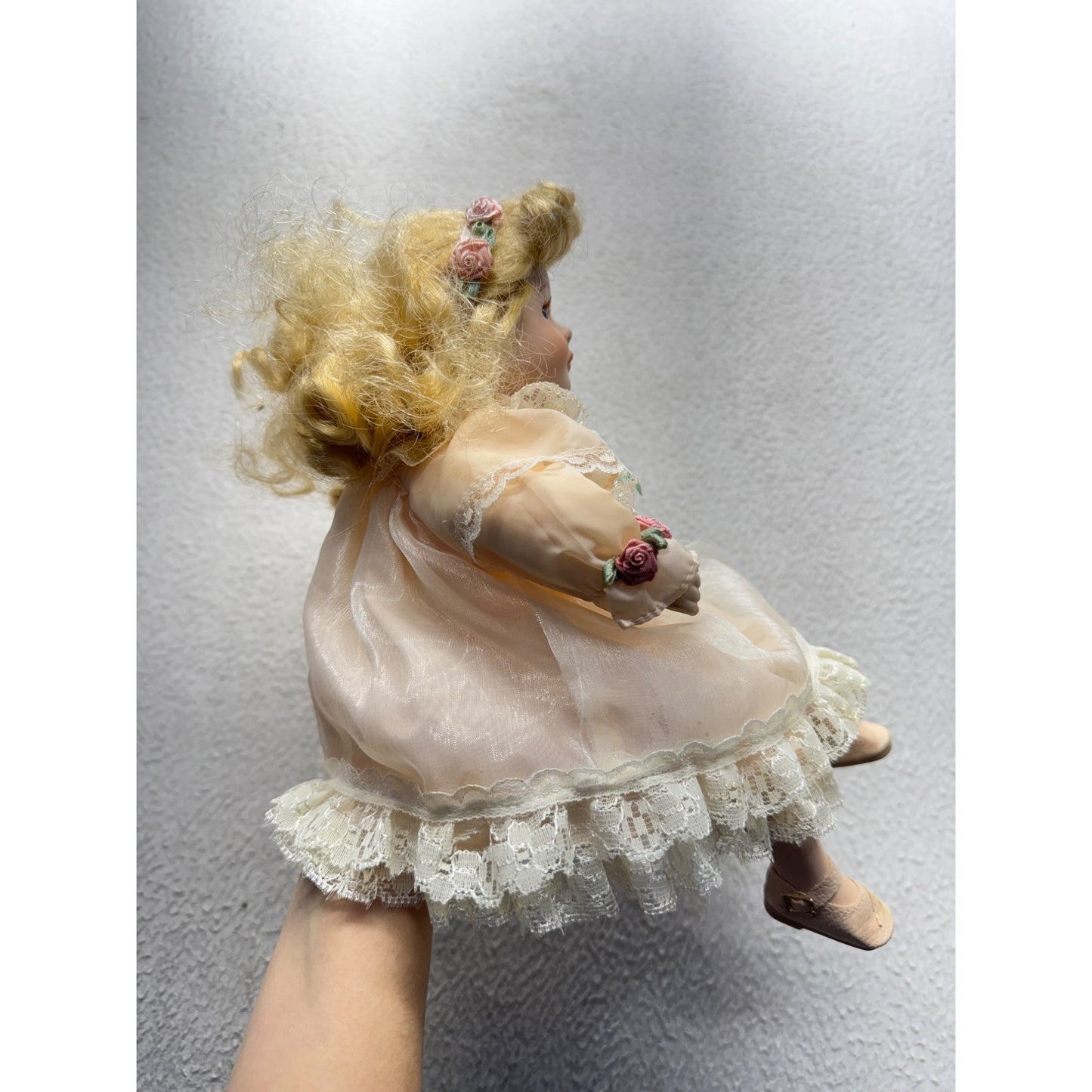 Vintage Porcelain Blonde Curly Hair Doll Lace Dress & Rose Accents 10" 418B