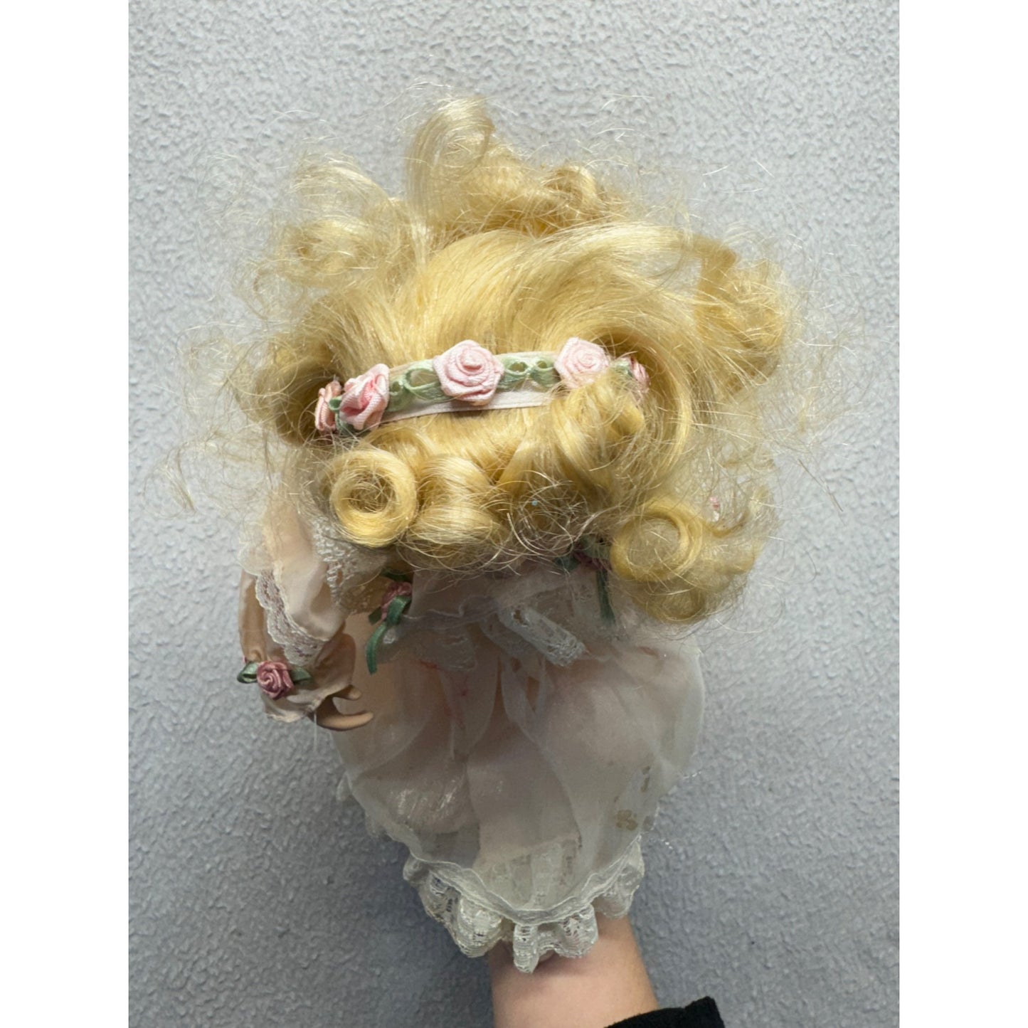 Vintage Porcelain Blonde Curly Hair Doll Lace Dress & Rose Accents 10" 418B