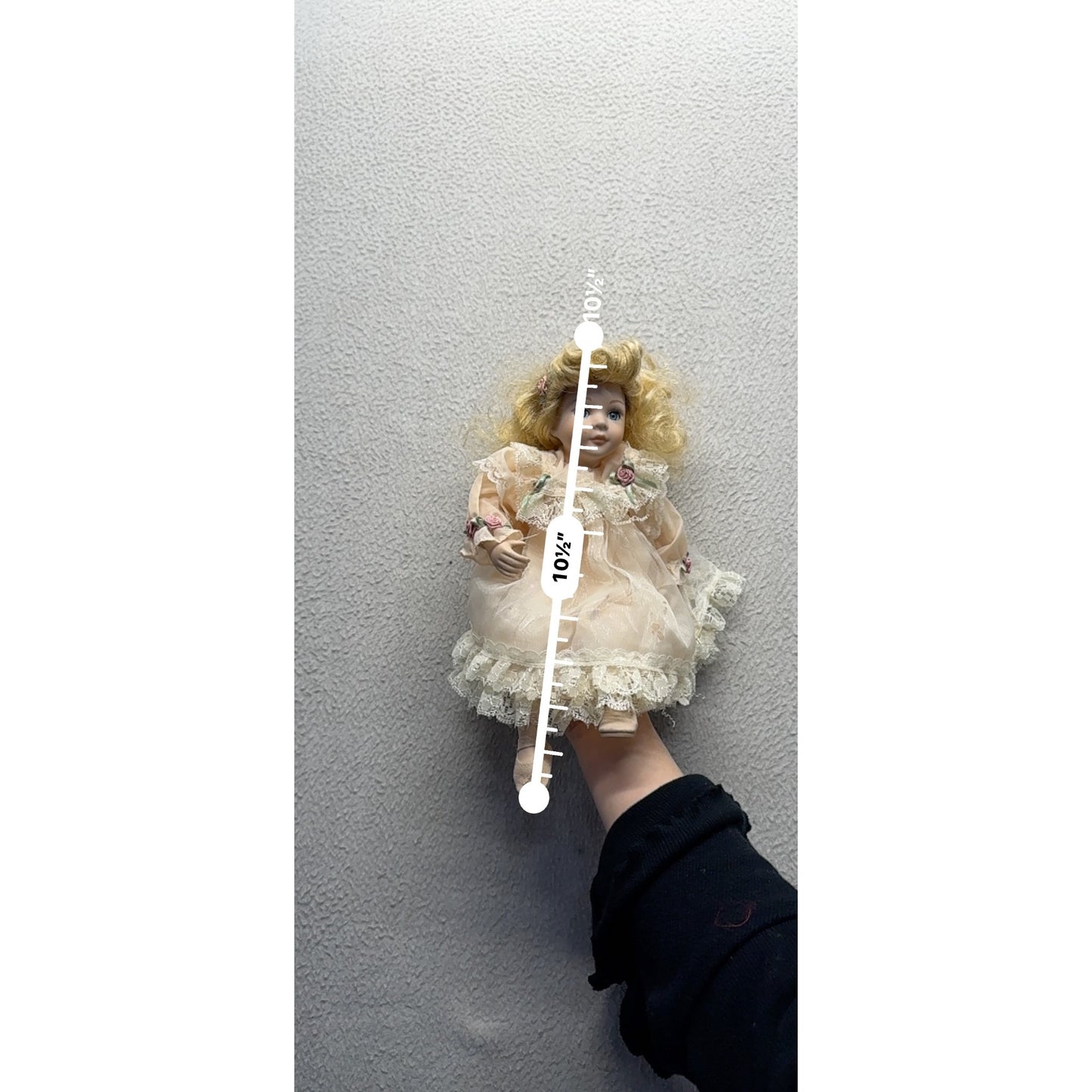 Vintage Porcelain Blonde Curly Hair Doll Lace Dress & Rose Accents 10" 418B