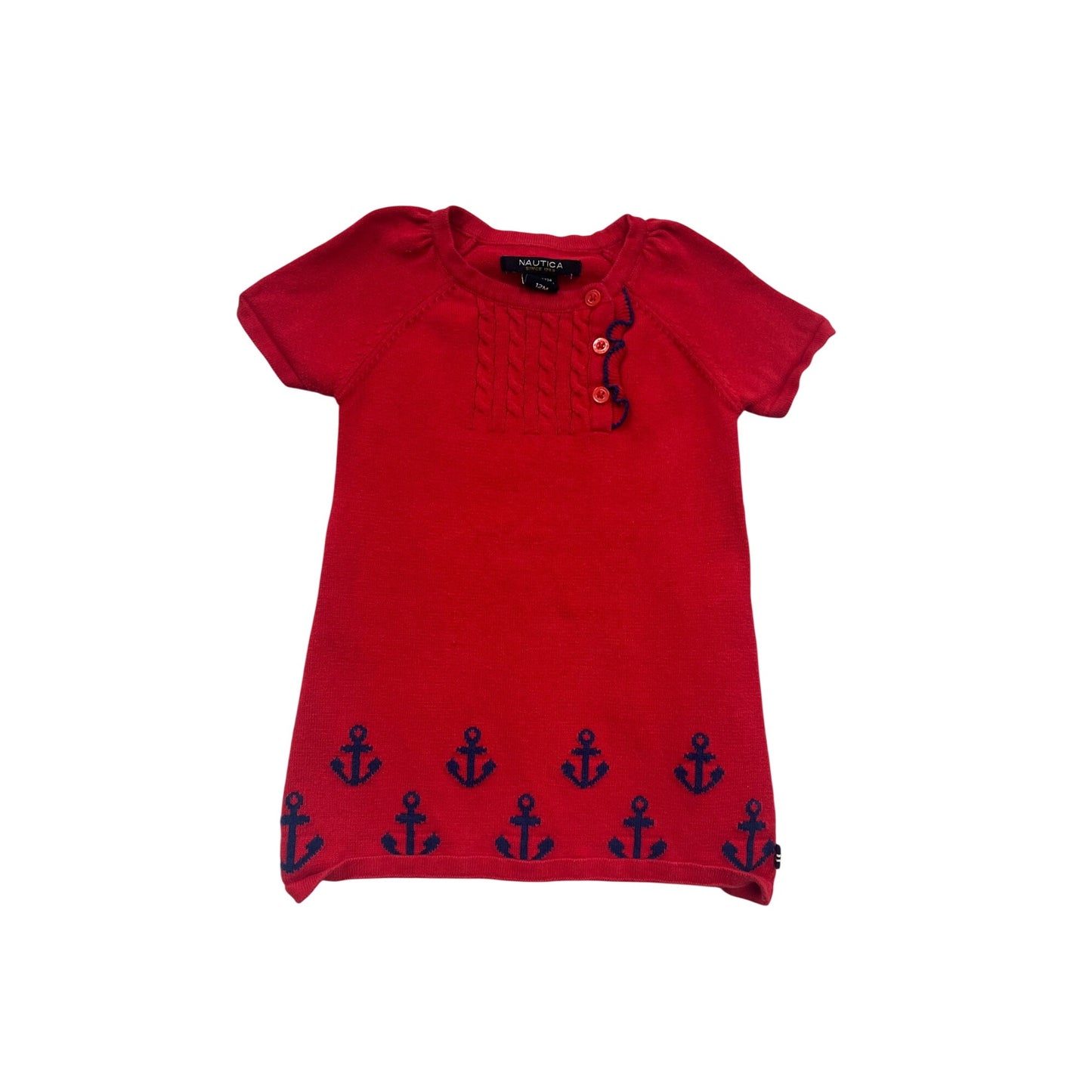 Nautica Red Knit Dress W/ Anchor Pattern & Button Detail 12M #140C