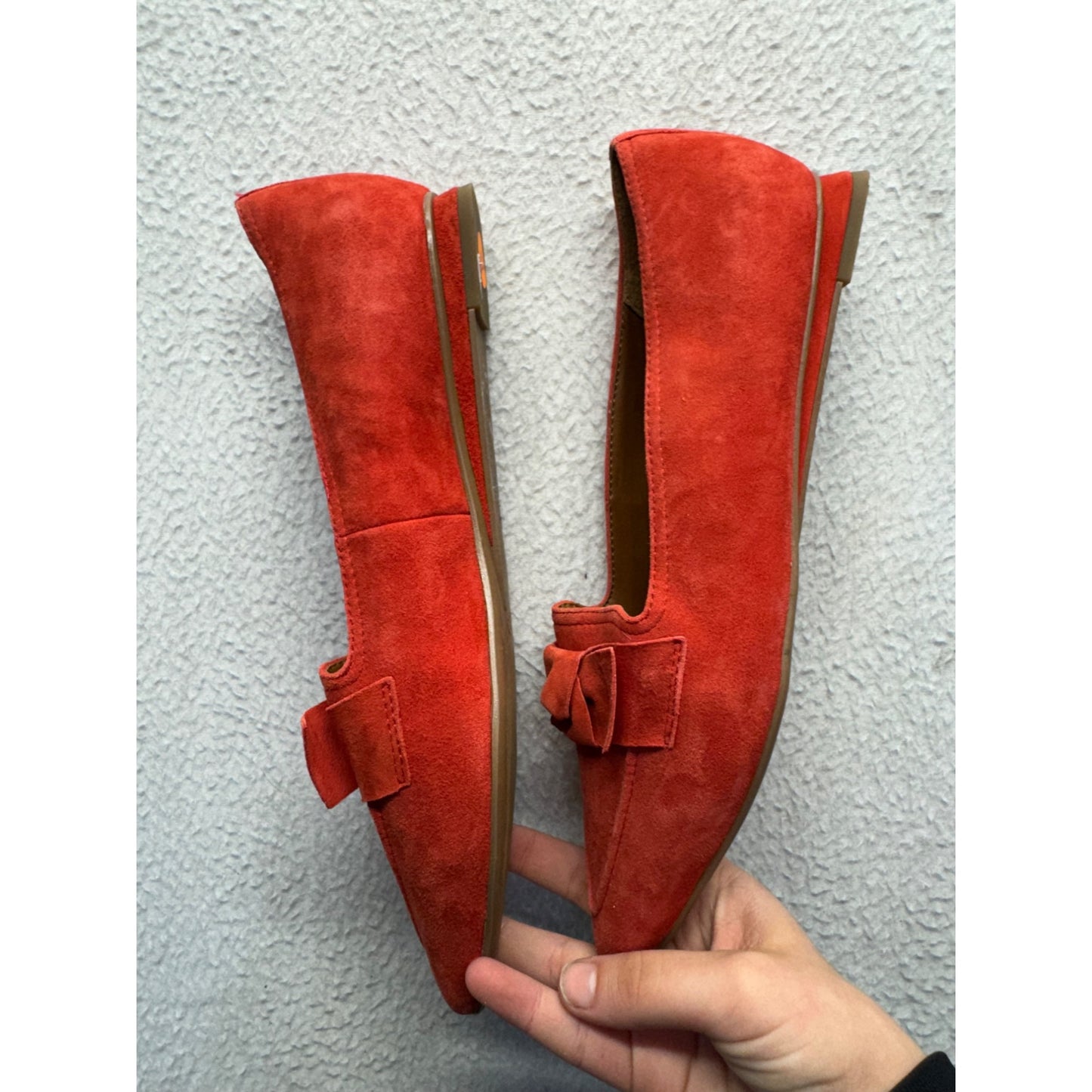 Franco Sarto Red Suede Bow Pointed Toe Loafers Flat Shoes Size 7.5 #9403