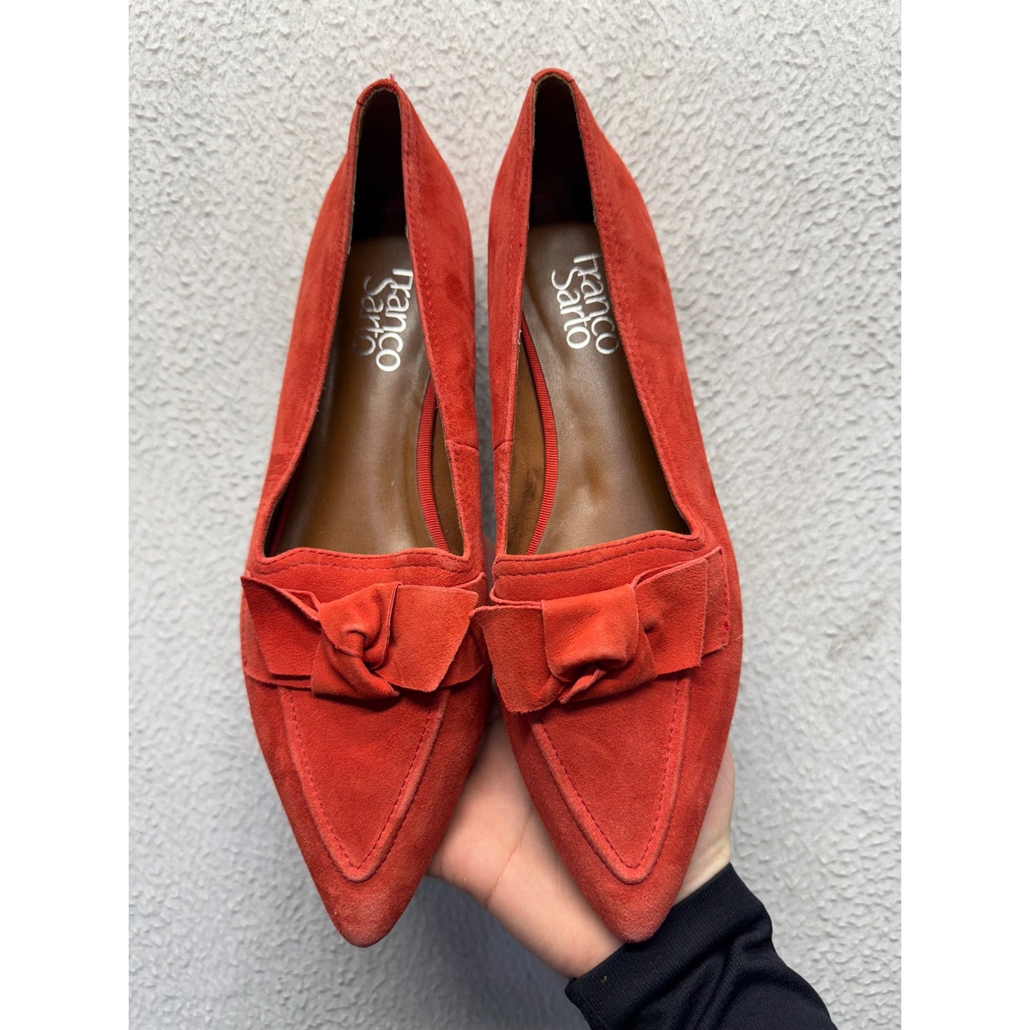 Franco Sarto Red Suede Bow Pointed Toe Loafers Flat Shoes Size 7.5 #9403