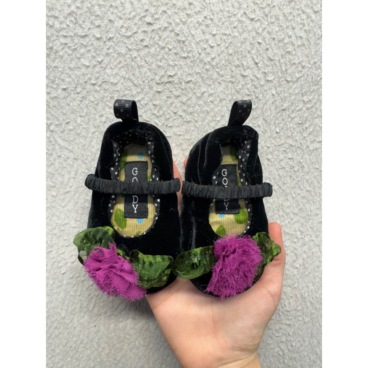 Goody Goody Black Velvet Baby Shoes Soft Sole Mary Jane Style For Infants #9686