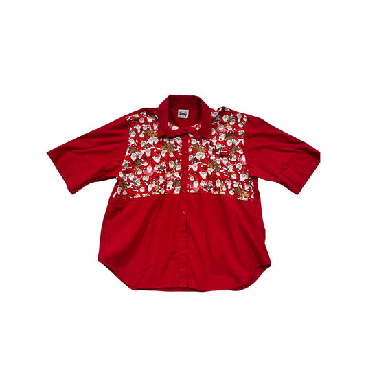 Vintage Tapestry Red Santa Print Button-Up Shirt Short Sleeve XL #105C