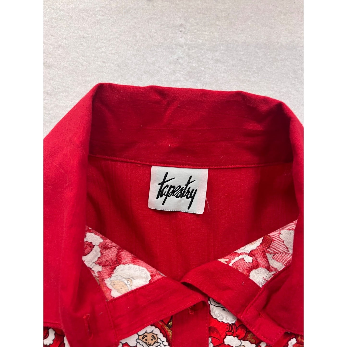 Vintage Tapestry Red Santa Print Button-Up Shirt Short Sleeve XL #105C